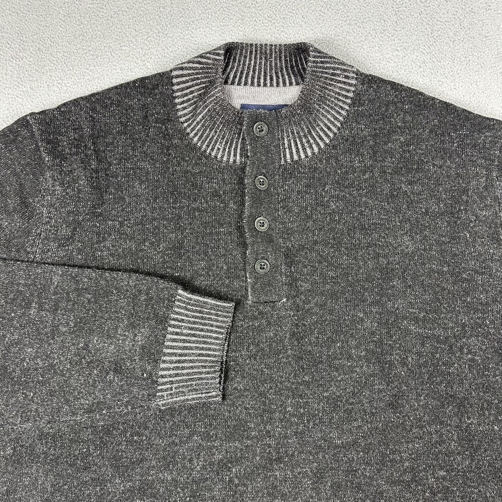Johnnie-O Sweater Mens XL Gray Merino‎ Wool Henley Pullover Contrast Rib Knit